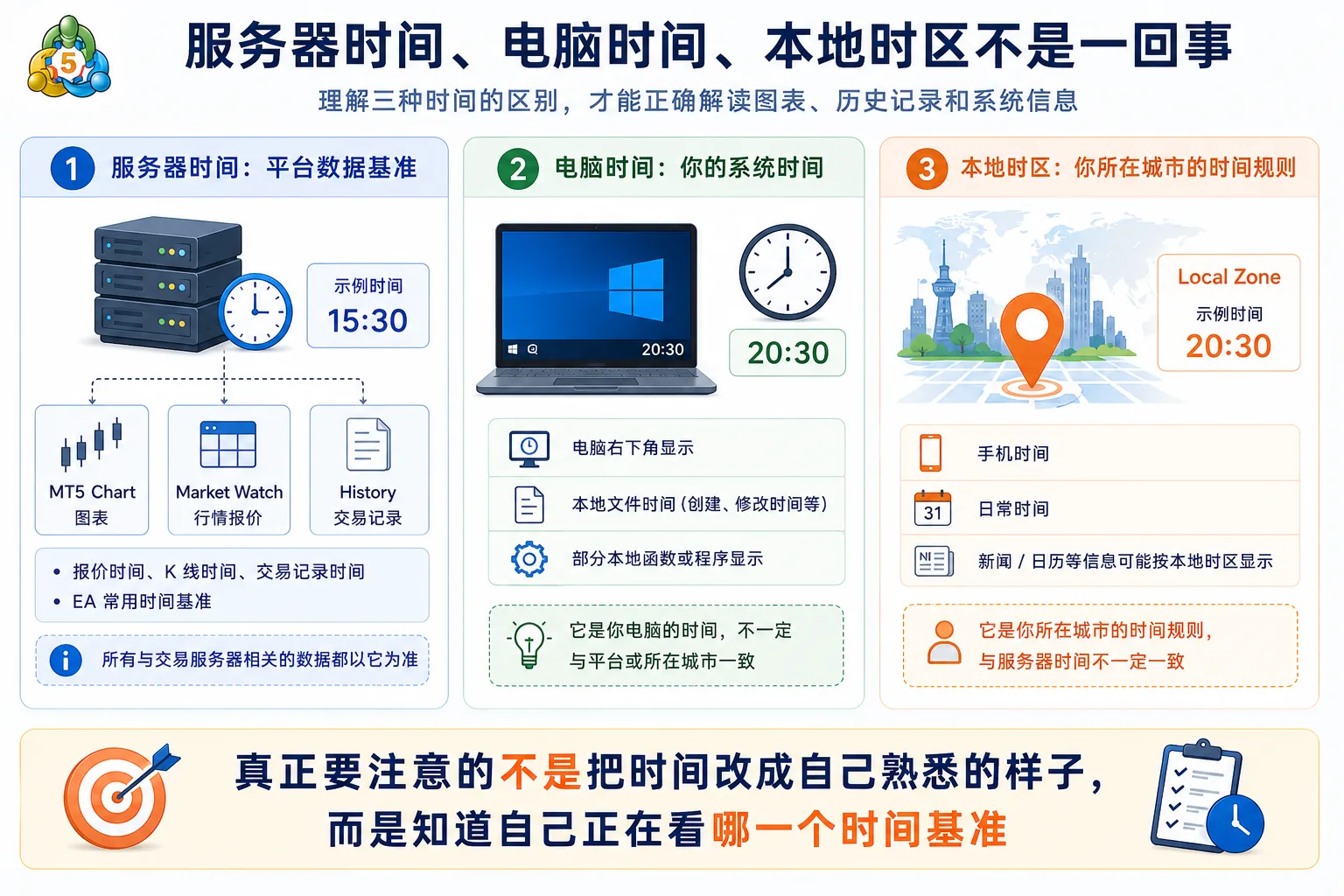 MT5 服务器时间、电脑本地时间与用户所在时区三者区别示意：图表报价通常以服务器时间为基准