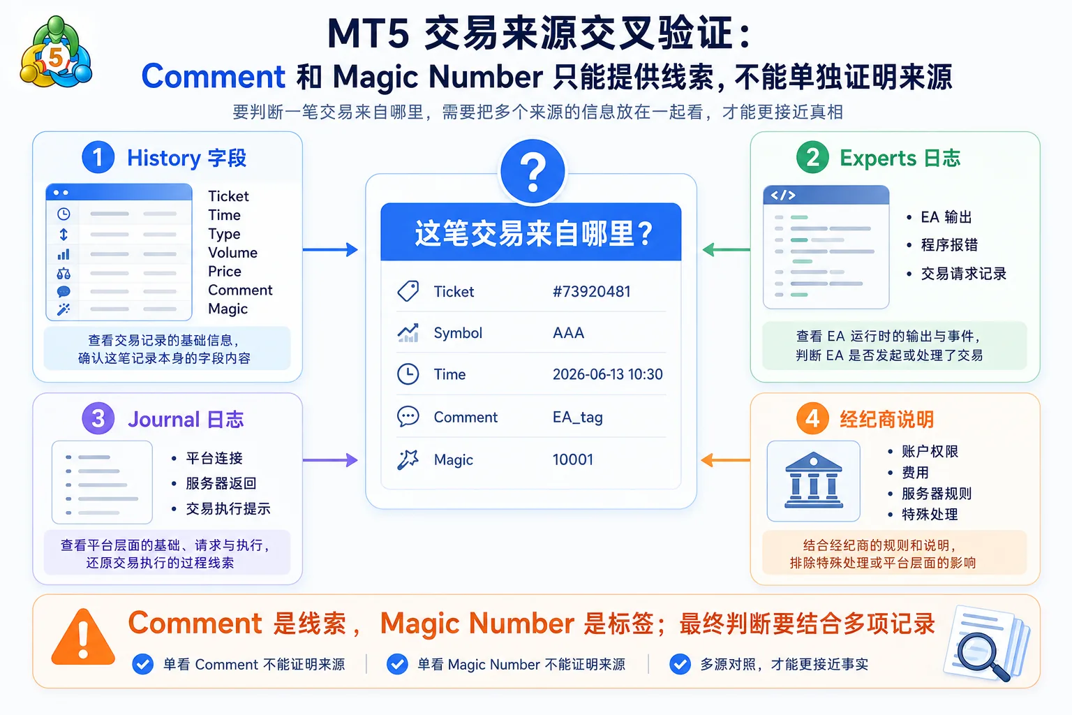 MT5 Comment 与 Magic Number 只能提供线索不能单独证明来源：需结合 Ticket、Time、Type、Journal、Experts 与经纪商说明综合判断