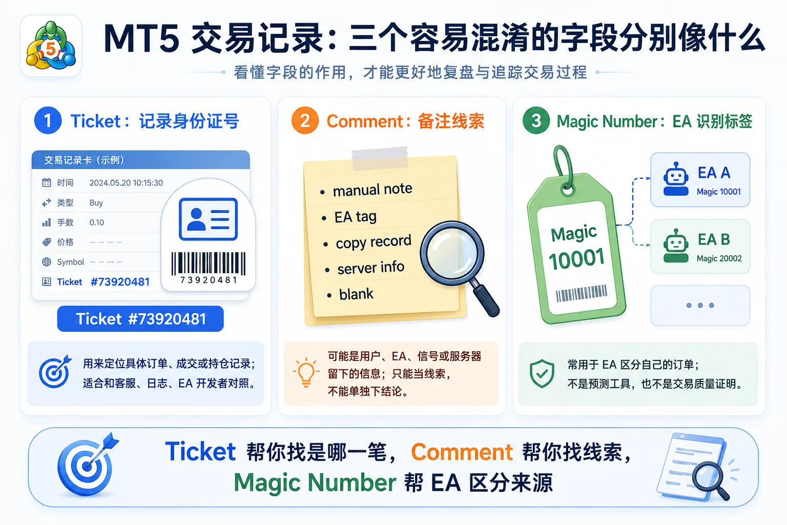 MT5 Ticket、Comment、Magic Number 三个字段示意：Ticket 像身份证号、Comment 像备注线索、Magic Number 像 EA 识别标签
